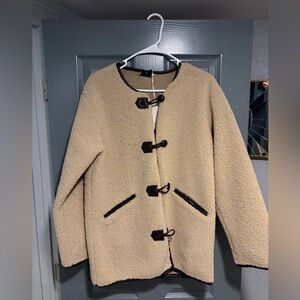 Joie FAUX SHEARLING Toggle Jacket Coat with Brown Faux Leather Trim Small